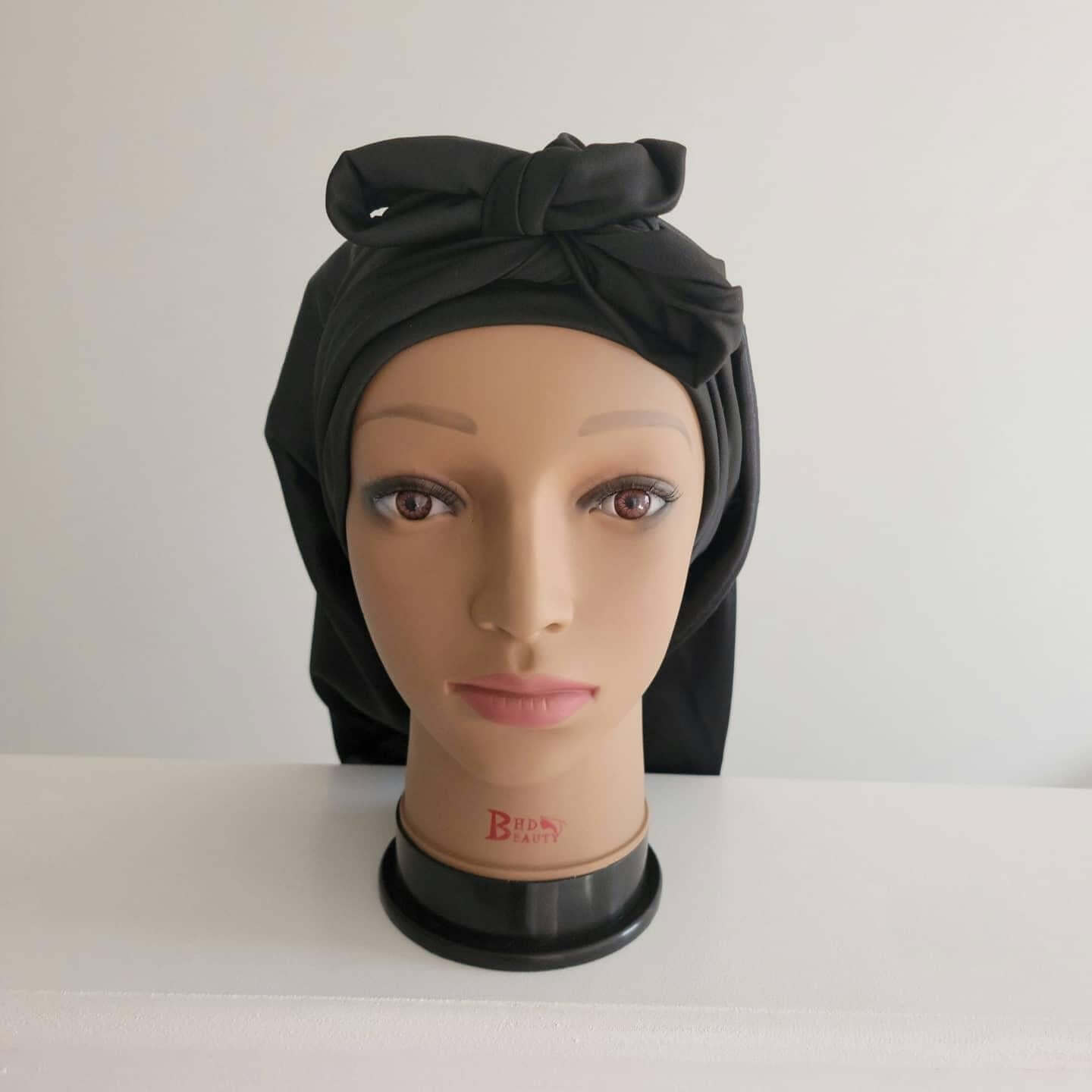 Long black satin bonnet w/ ties